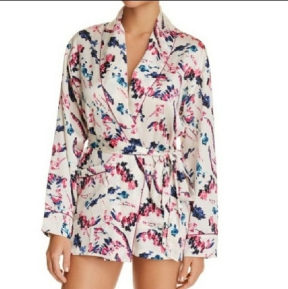 Sam Edelman White Abstract Floral Smoking Jacket Short Robe Sz S & Sz M NWT - Picture 5 of 5